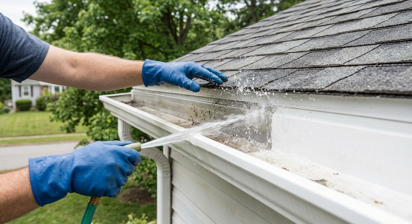 Clean white gutter on a Colleyville, TX home after professional gutter cleaning and brightening service