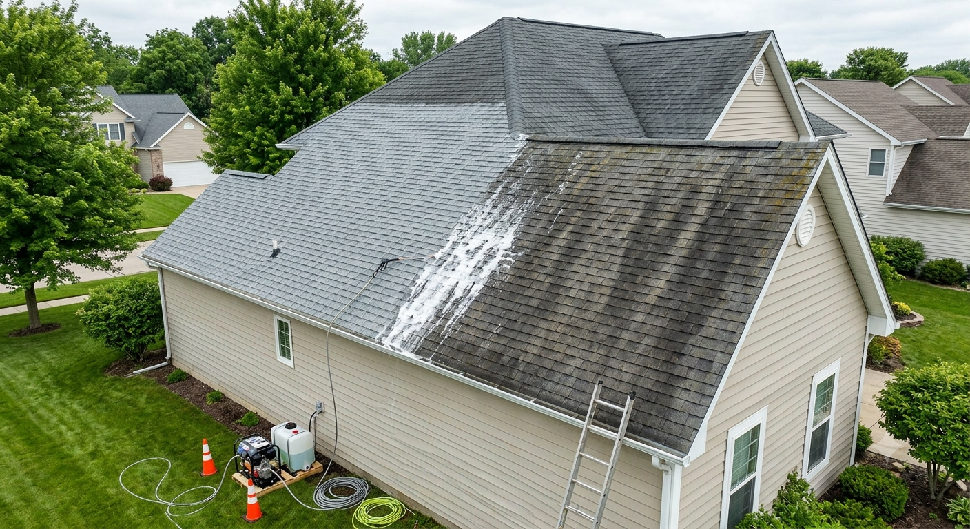 Composite shingle roof in Colleyville, TX with black algae streaks before soft wash roof cleaning